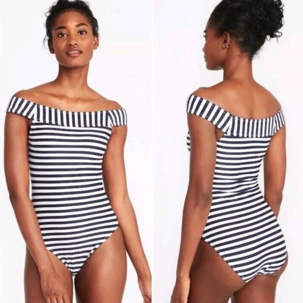 Old Navy Women's Size Large Navy Blue white Off the Shoulder One Piece Swimsuit